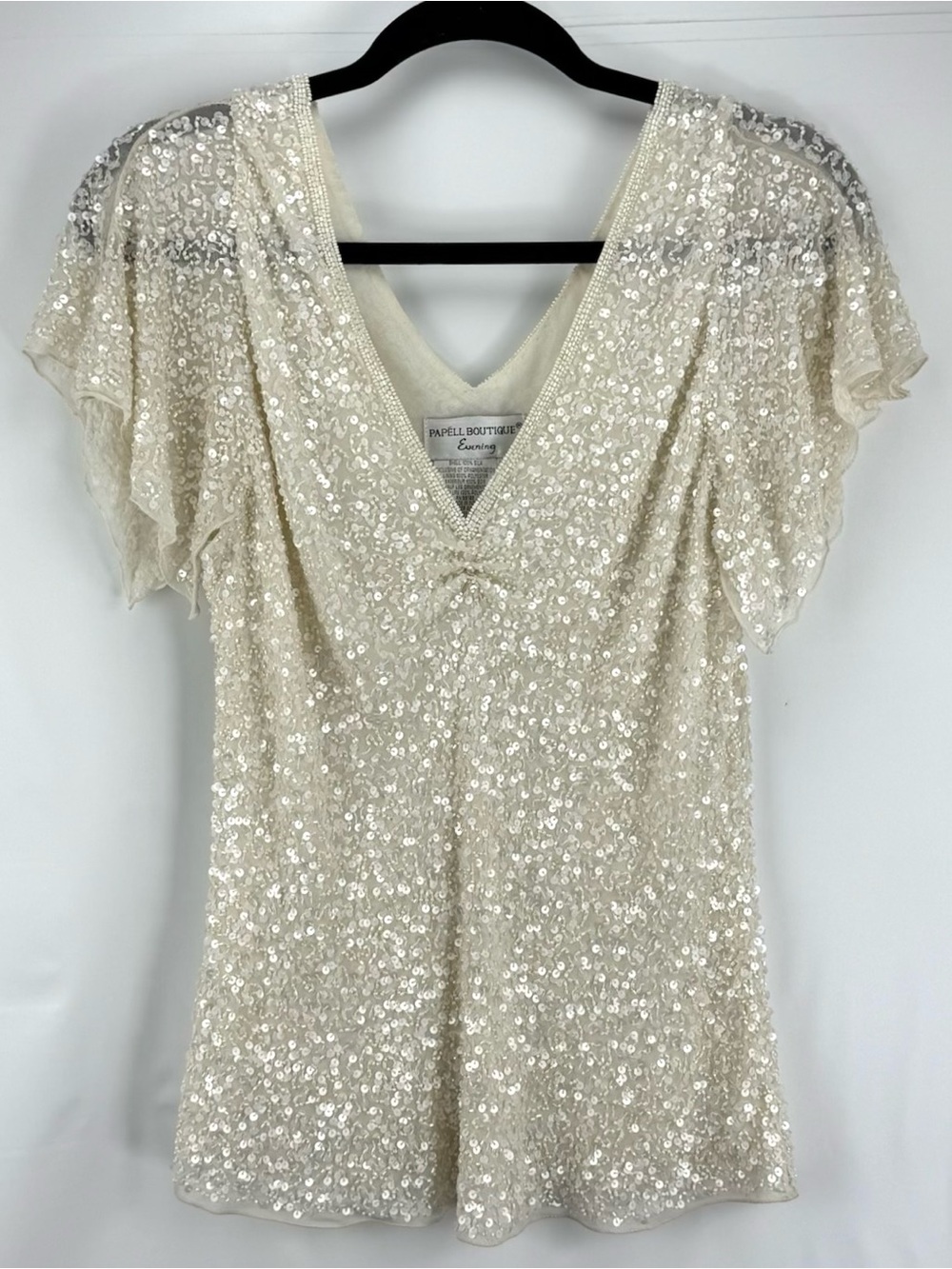 Vintage Ivory Beaded & Sequin V-Neck Flutter Sleeve Top - 100% Silk